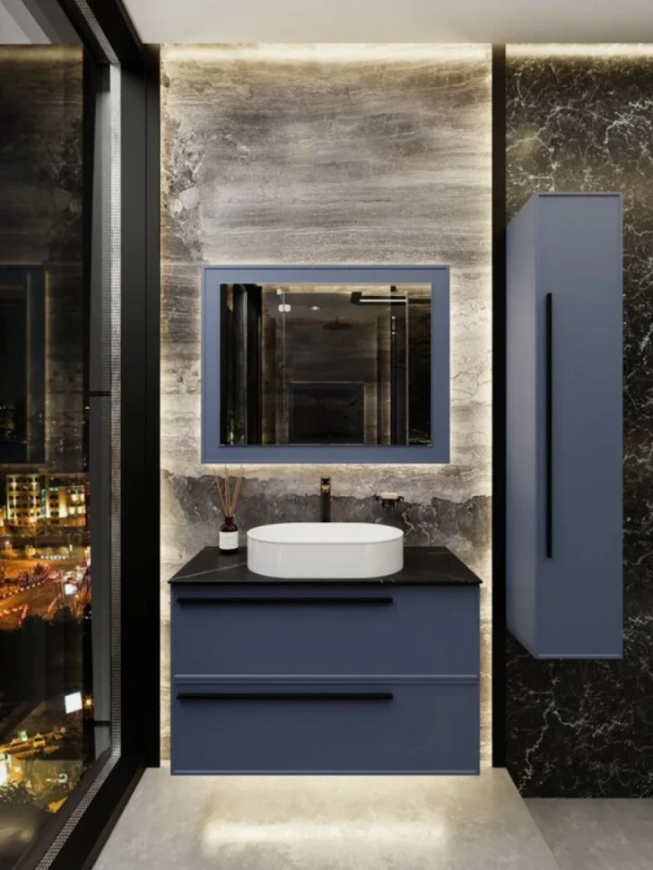 Тумба под раковину со столешницей La Fenice Elba Twin Blu Grigio 80 подвесная, синяя матовая, столешница черный мрамор