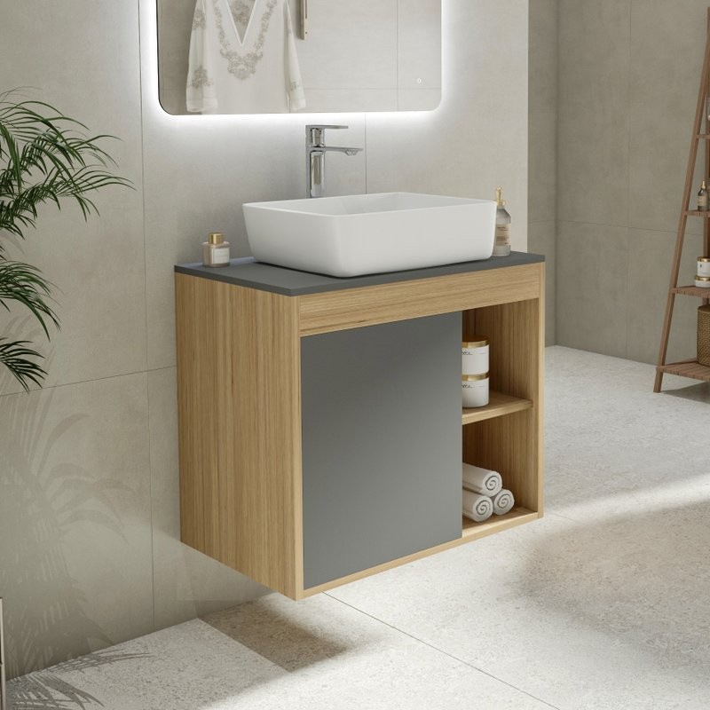 Тумба с раковиной Teymi Nura 70 дуб эврика, матовый графит, раковина Helmi 50