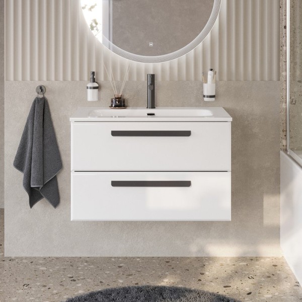 Тумба с раковиной Cezares Eco Cer-N 80 bianco lucido, раковина Eco 80, ручки матовые черные