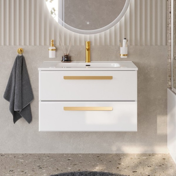 Тумба с раковиной Cezares Eco Cer-N 90 bianco lucido, раковина Duet 90, ручки сатиновое золото