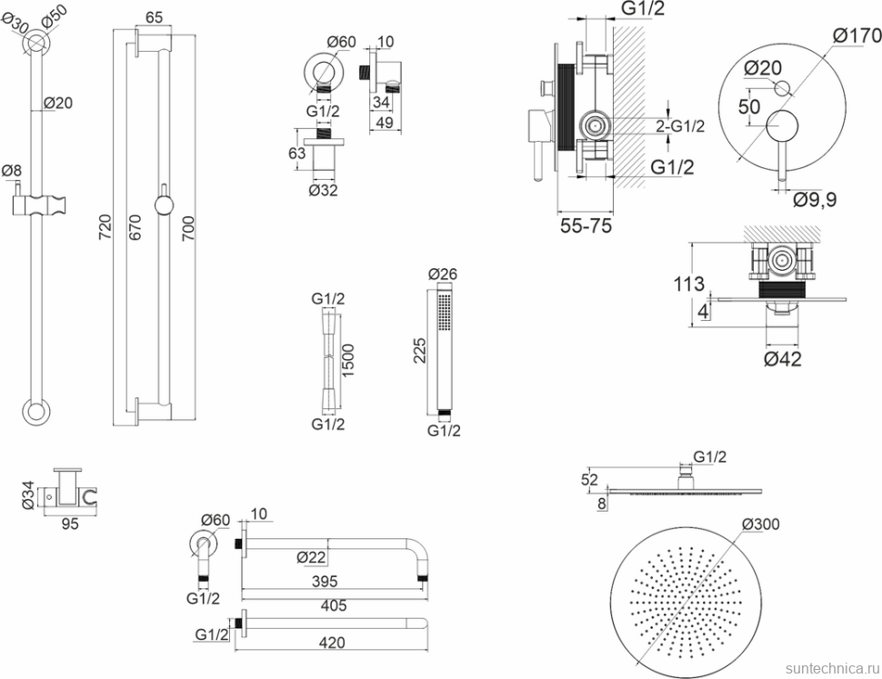 Душевой комплект WHITECROSS Y YSET05GL С ВНУТРЕННЕЙ ЧАСТЬЮ, золото