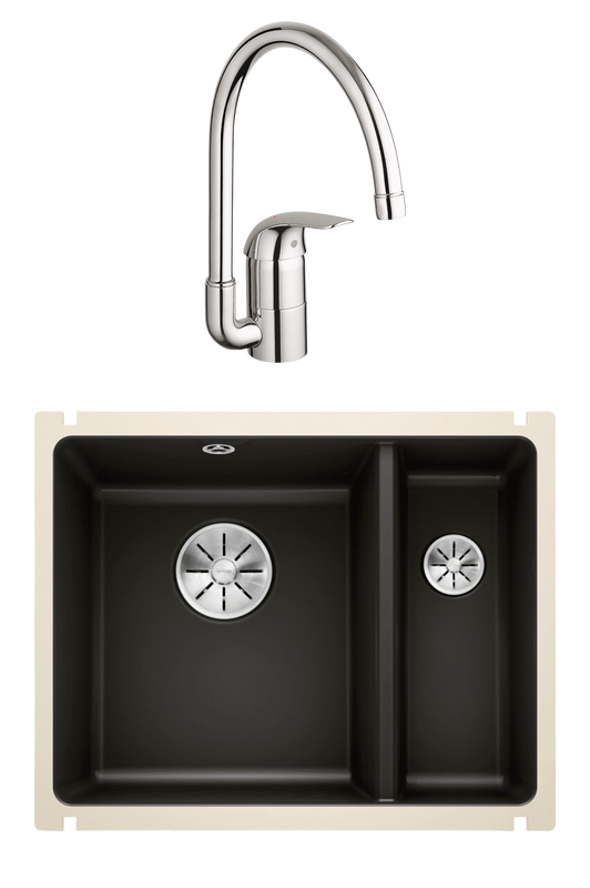 Комплект Мойка Blanco Subline 350/150-U черная + Смеситель Grohe Euroeco