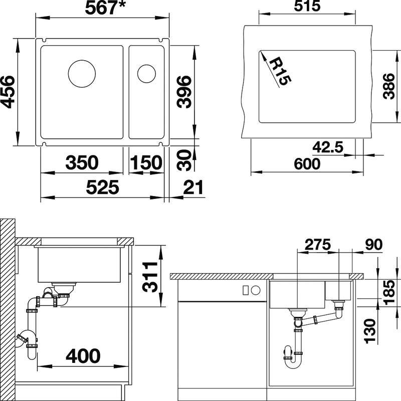 Комплект Мойка Blanco Subline 350/150-U черная + Смеситель Grohe Euroeco