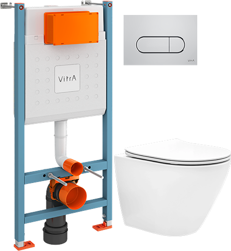 Комплект Унитаз подвесной EvaGold K505 безободковый, с микролифтом + Инсталляция VitrA V-Fix Core 732-5800-01 с кнопкой смыва Root R 740-2280 хром