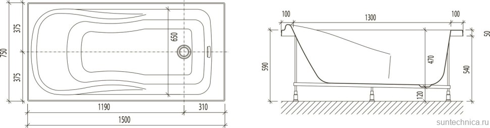 Акриловая ванна EUROLUX Alla 150x75 см, пристенная, белая, с каркасом