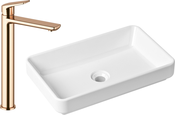 Комплект Накладная раковина Lavinia Boho Bathroom Sink Slim 33311004 + Смеситель Wellsee ONCE! and forever 182409000 розовое золото