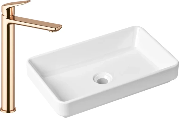Комплект Накладная раковина Lavinia Boho Bathroom Sink Slim 33311004 + Смеситель Wellsee ONCE! and forever 182409000 розовое золото