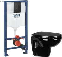 Комплект Унитаз подвесной Wanfald Lauta 47374100005 черный + Инсталляция Grohe Rapid SL 1000044 3 в 1 с панелью смыва
