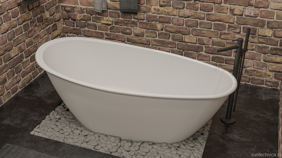 Ванна из искусственного камня WHITECROSS Spinel B 155x75 см, отдельностоящая, матовая белая, овальная, с донным клапаном