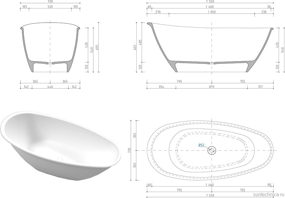 Ванна из искусственного камня WHITECROSS Spinel B 155x75 см, отдельностоящая, матовая белая, овальная, с донным клапаном