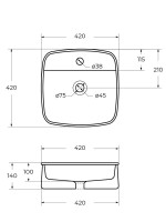 Накладная раковина Cezares 42 глянцевая белая, квадратная, фаянс, с 1 отверстием под смеситель
