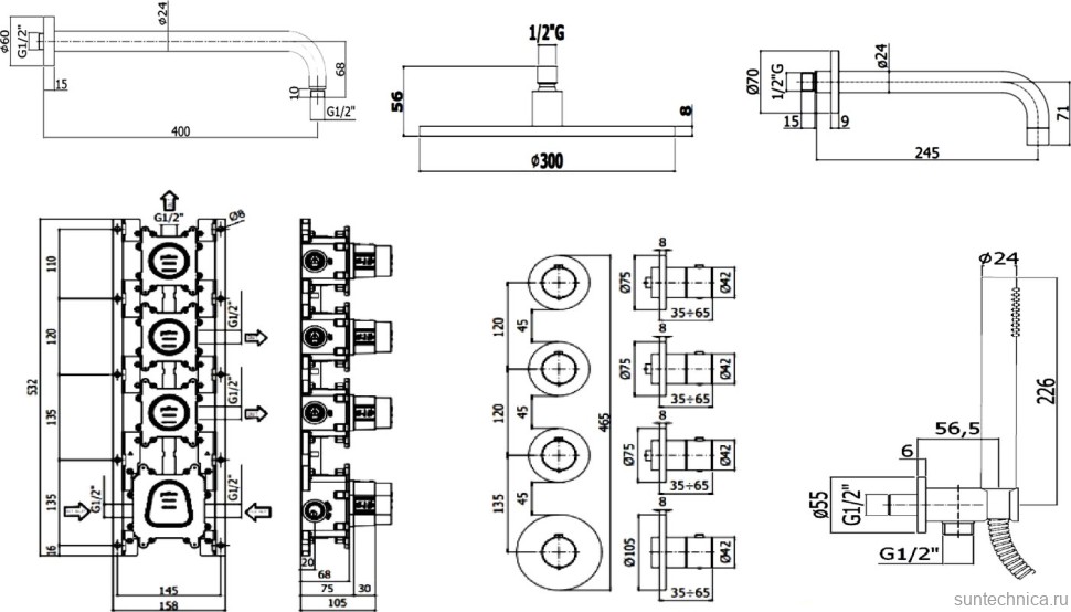 Душевой комплект Paffoni Modular Box KITMB019HG141KING С ВНУТРЕННЕЙ ЧАСТЬЮ, верхний душ 30 см, медовое золото