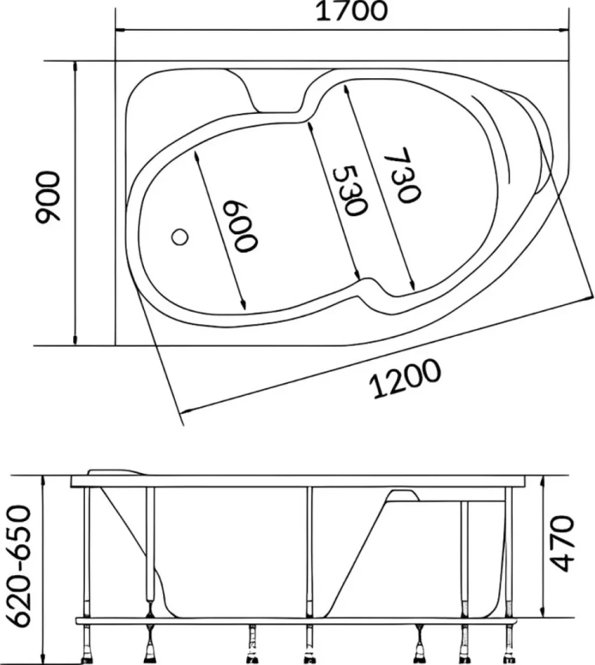 Акриловая ванна 1MarKa Diana L 170x90 см, угловая, левая, пристенная, белая, асимметричная, с каркасом
