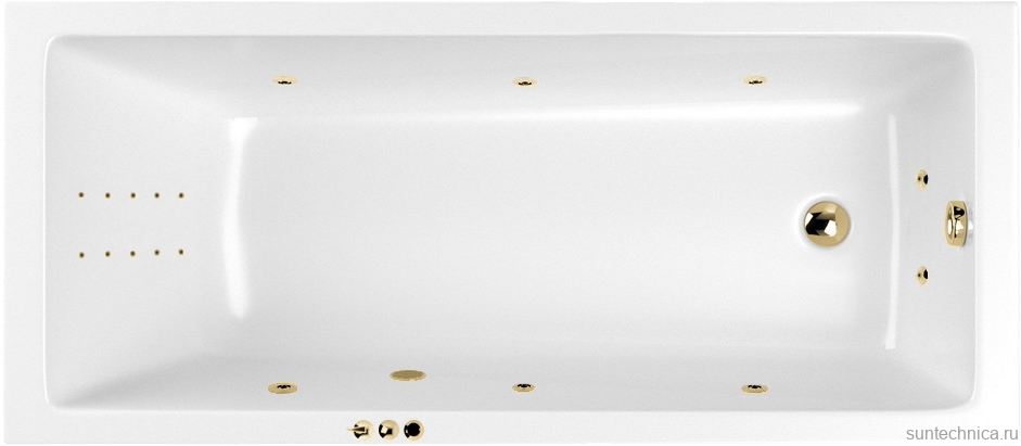 Акриловая ванна WHITECROSS Wave Slim Smart Nano 180x80 см, встраиваемая, с гидромассажем, белый глянец, с каркасом, со сливом-переливом, фурнитура золото