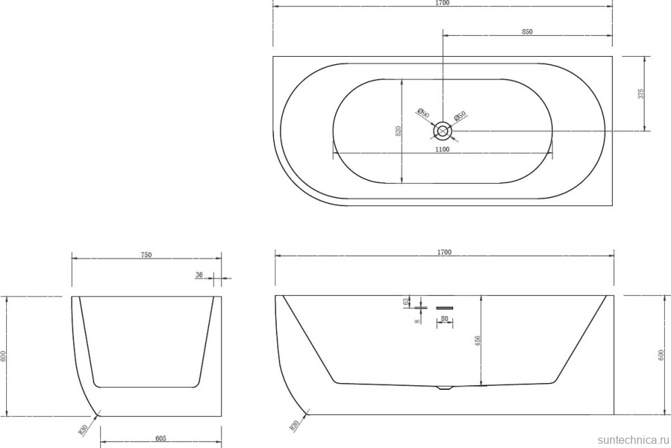 Акриловая ванна Abber AB9315 R 170x75 см, угловая, правая, пристенная, белая, асимметричная, с каркасом, со сливом-переливом