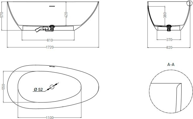Ванна из искусственного камня Salini Paola In S-Sense 170x80 см, отдельностоящая, белая, овальная, со сливом-переливом, с донным клапаном