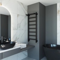 Полотенцесушитель электрический Grota Lore 430х1200 RAL9005 EL 120x45 см, подключение справа, слева, скрытое подключение справа, матовый черный, лесенка, из стали, с полкой