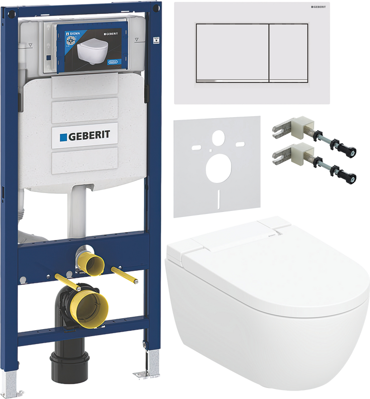 Комплект Умный унитаз Geberit AquaClean Alba безободковый, с биде + Инсталляция Duofix UP 320 111.300.00.5 + Кнопка Sigma 30 115.883.JT.1 белая матовая, хром глянцевый + Звукоизоляция + Крепления 111.815.00.1 к стене