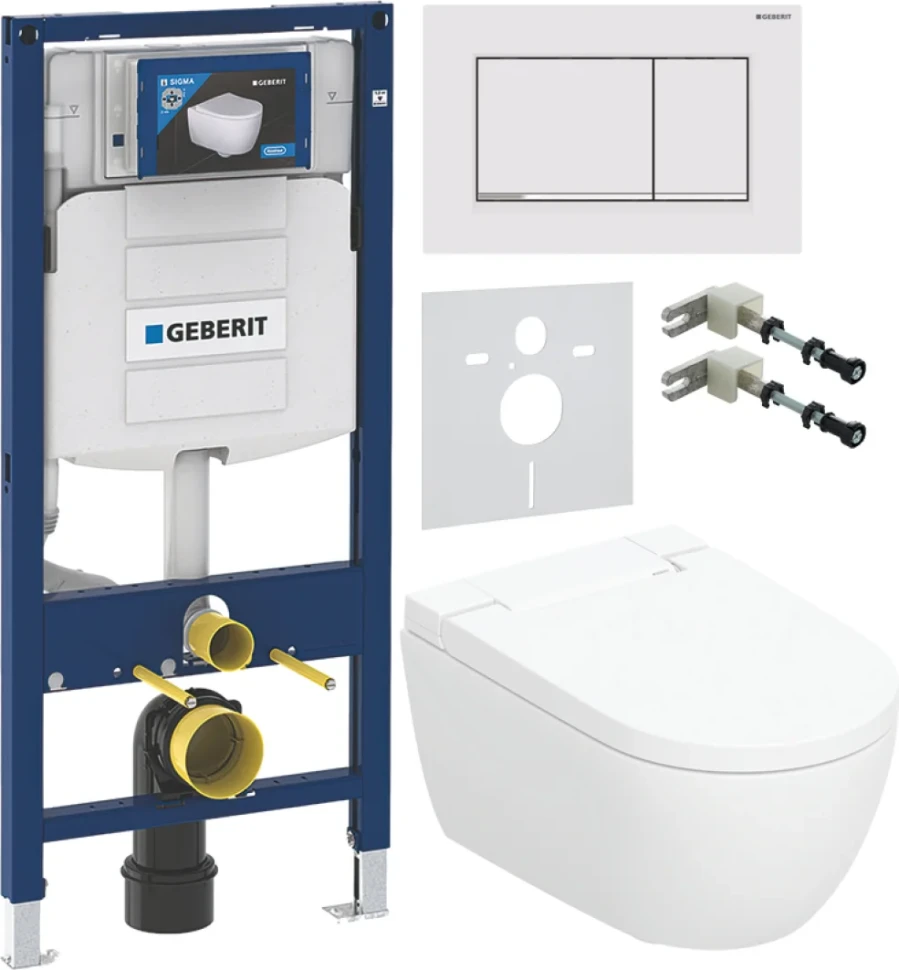 Комплект Умный унитаз Geberit AquaClean Alba безободковый, с биде + Инсталляция Duofix UP 320 111.300.00.5 + Кнопка Sigma 30 115.883.JT.1 белая матовая, хром глянцевый + Звукоизоляция + Крепления 111.815.00.1 к стене