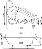 Акриловая ванна Vagnerplast Selena L 160x105 см, угловая, левая, пристенная, белая, асимметричная, с каркасом