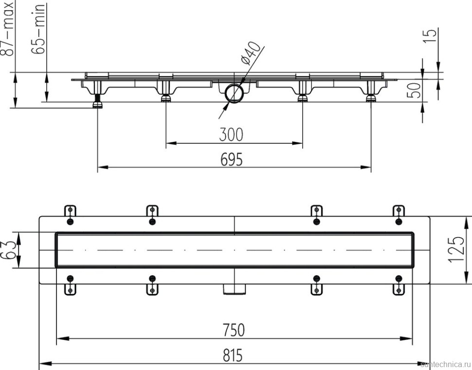 Душевой трап (лоток) MCH Chudej Line CH750LC 75 см, решетка матовая черная, с сифоном