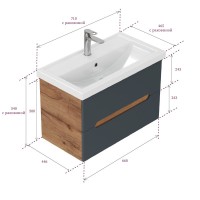Тумба с раковиной Onika Айленд 70 подвесная, графит, дуб крафт золотой