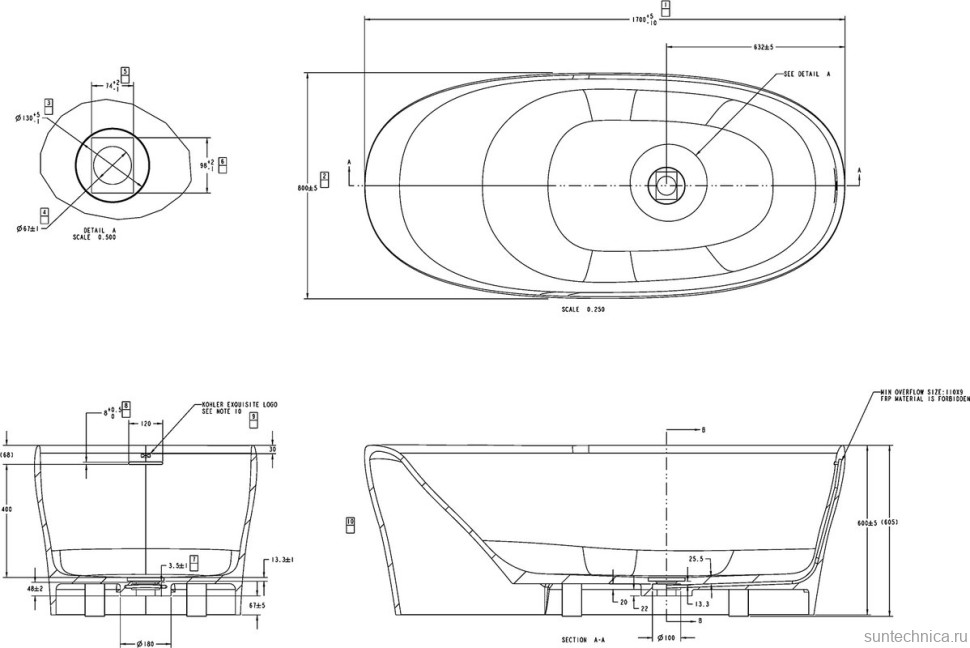 Ванна из искусственного камня Allen Brau Krion Neo 170x80 см, отдельностоящая, матовая белая, овальная, со сливом-переливом, фурнитура белая
