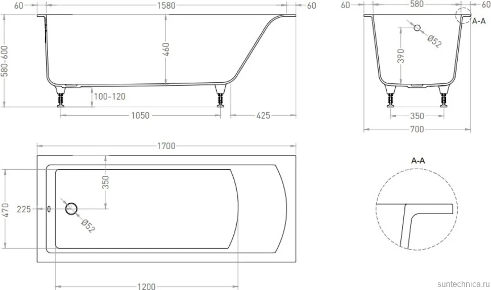 Ванна из искусственного камня Salini Cascata S-Sense 170x70 см, встраиваемая, матовая белая, на ножках