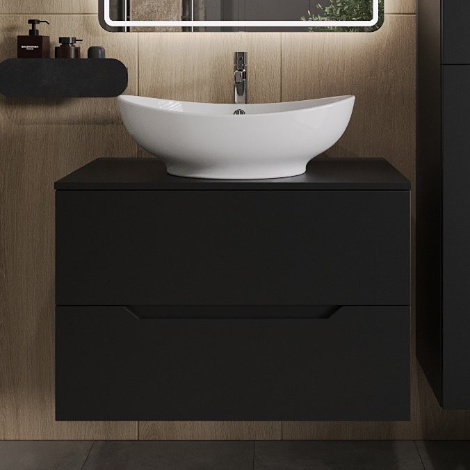 Тумба с раковиной Orange Line 80 подвесная, 2 ящика, матовая черная с раковиной B08-585w