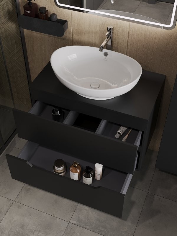 Тумба с раковиной Orange Line 80 подвесная, 2 ящика, матовая черная с раковиной B08-585w