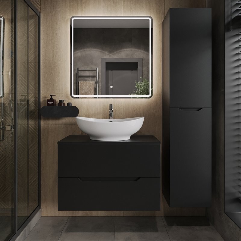 Тумба с раковиной Orange Line 80 подвесная, 2 ящика, матовая черная с раковиной B08-585w