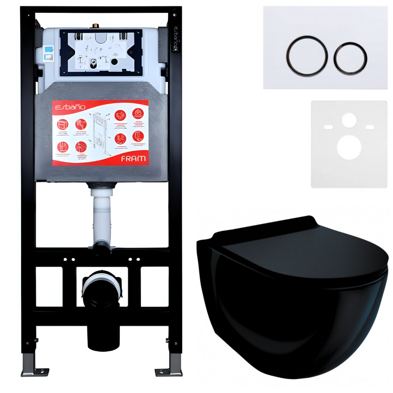 Комплект Унитаз подвесной Esbano Garcia ESUPGARCB черный глянец + Инсталляция Fram + Кнопка ESINKRG11GW