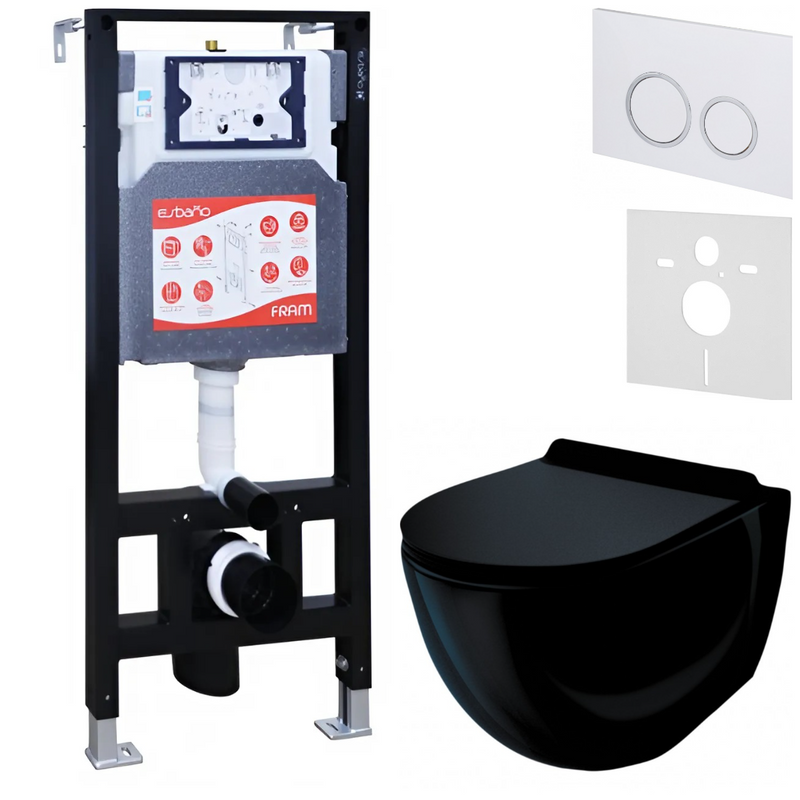 Комплект Унитаз подвесной Esbano Garcia ESUPGARCB черный глянец + Инсталляция Fram + Кнопка ESINKRG11GW