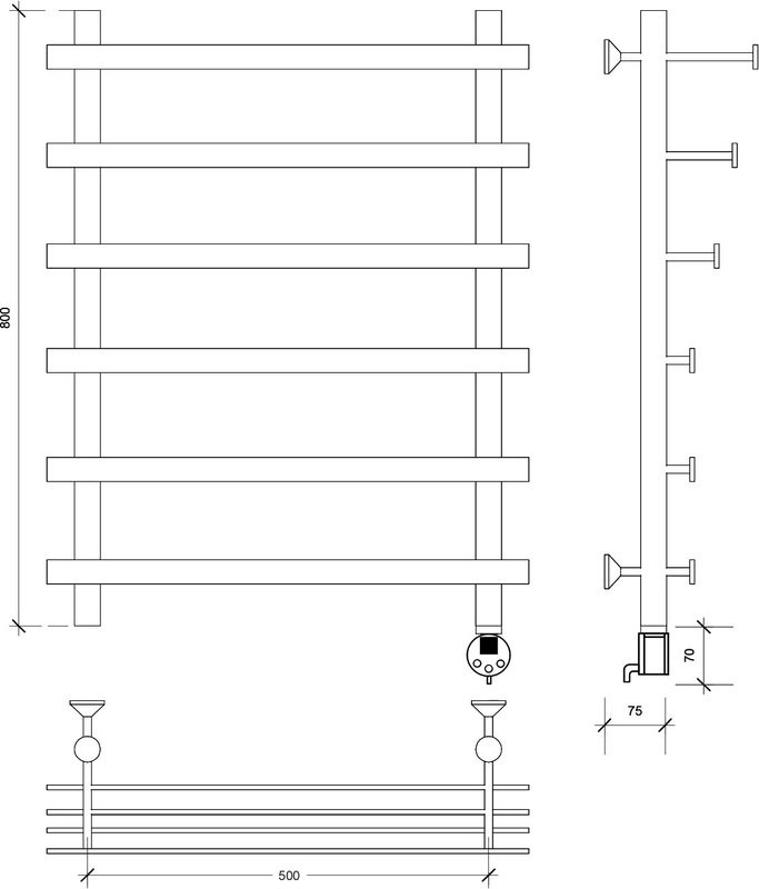 Полотенцесушитель электрический Secado Понтида 7 СП, R 80x60 см, подключение справа, матовый черный, лесенка, с полкой
