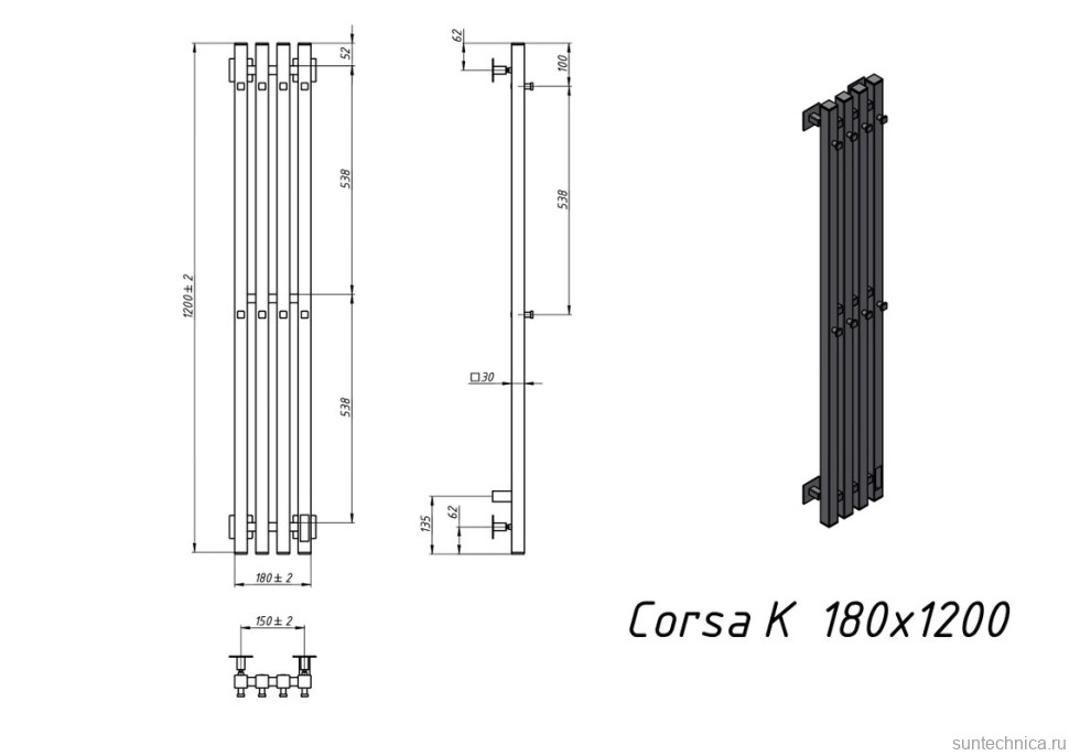 Полотенцесушитель электрический Grota Corsa K N RAL9005 EL 18х120, с крючками, матовый черный