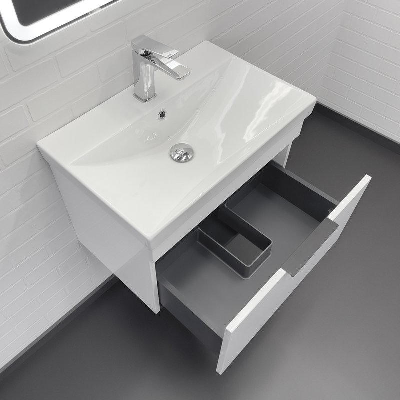 Тумба с раковиной Comforty Кама 60П подвесная, белый глянец