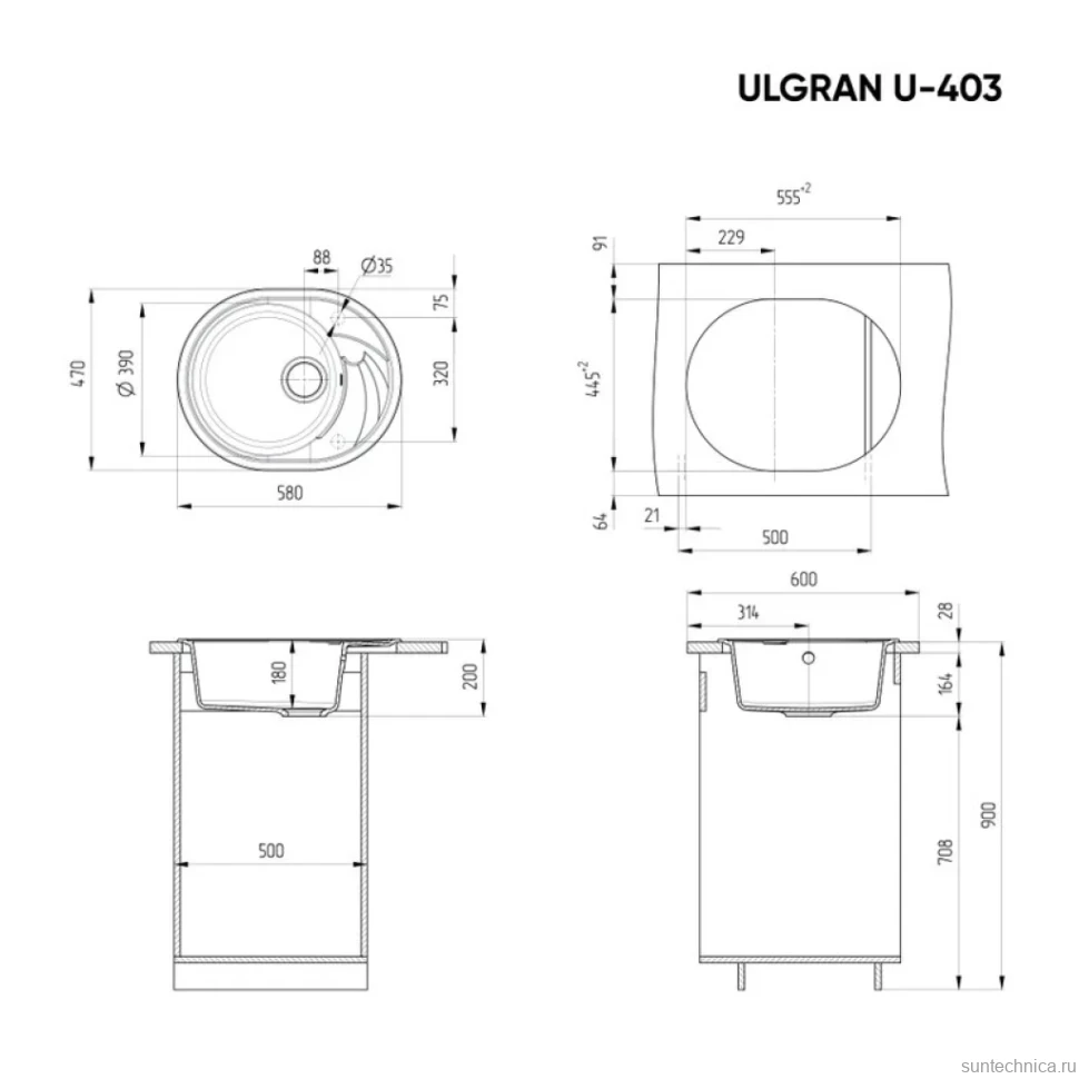 Мойка кухонная Ulgran U-403 343 антрацит + дозатор U-02 антрацит