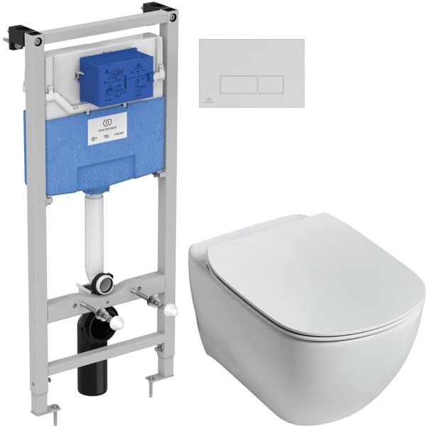 Комплект Унитаз подвесной Ideal Standard Tesi T355101 безободковый с микролифтом + Инсталляция Prosys Frame 120 M R020467 + Кнопка Oleas R0121AA хром