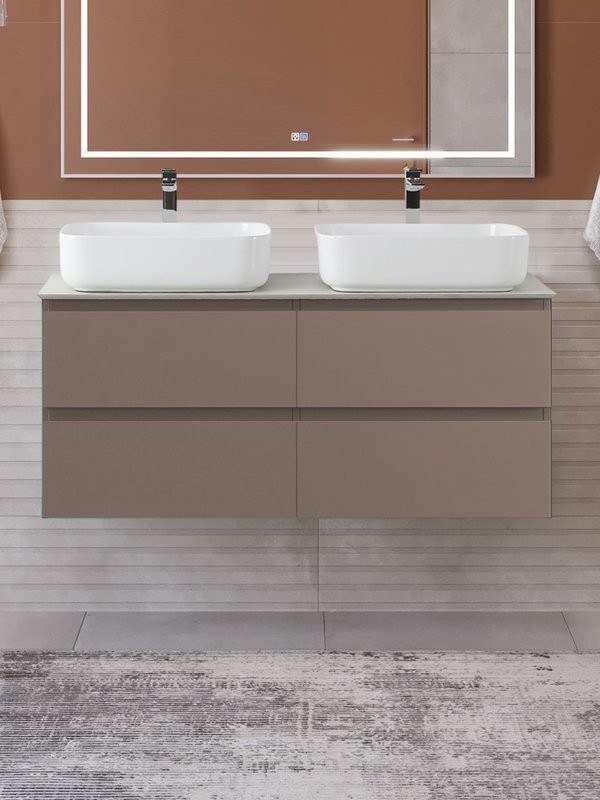 Тумба с раковиной BelBagno Kraft 120 подвесная, матовая бежевая, столешница kep-120-2-cem, раковина BB1304, для двоих