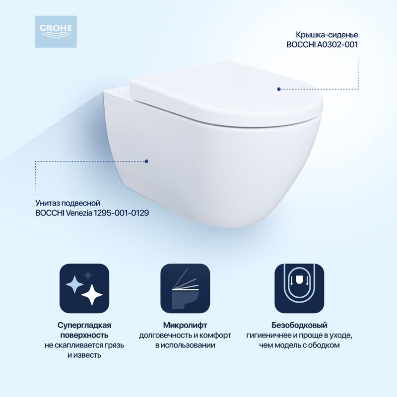 Комплект Унитаз подвесной BOCCHI Venezia 1295-001-0129 белый + Крышка A0302-001 с микролифтом, глянцевая белая + Инсталляция Grohe Rapid SL 38775001H 4 в 1 с кнопкой смыва и шумоизоляцией