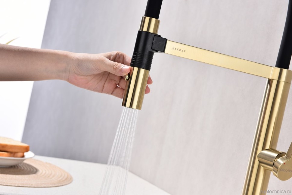 Смеситель для кухни Paulmark Leader Le214101-LG с гибким изливом, светлое золото