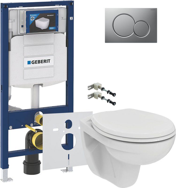 Комплект Унитаз подвесной Ideal Standard Eurovit K881201 безободковый + Крепления Geberit Duofix 111.815.00.1 к стене + Звукоизоляция + Инсталляция UP 320 111.300.00.5 + Кнопка Sigma 01 115.770.JQ.5 лакированная, матовый хром
