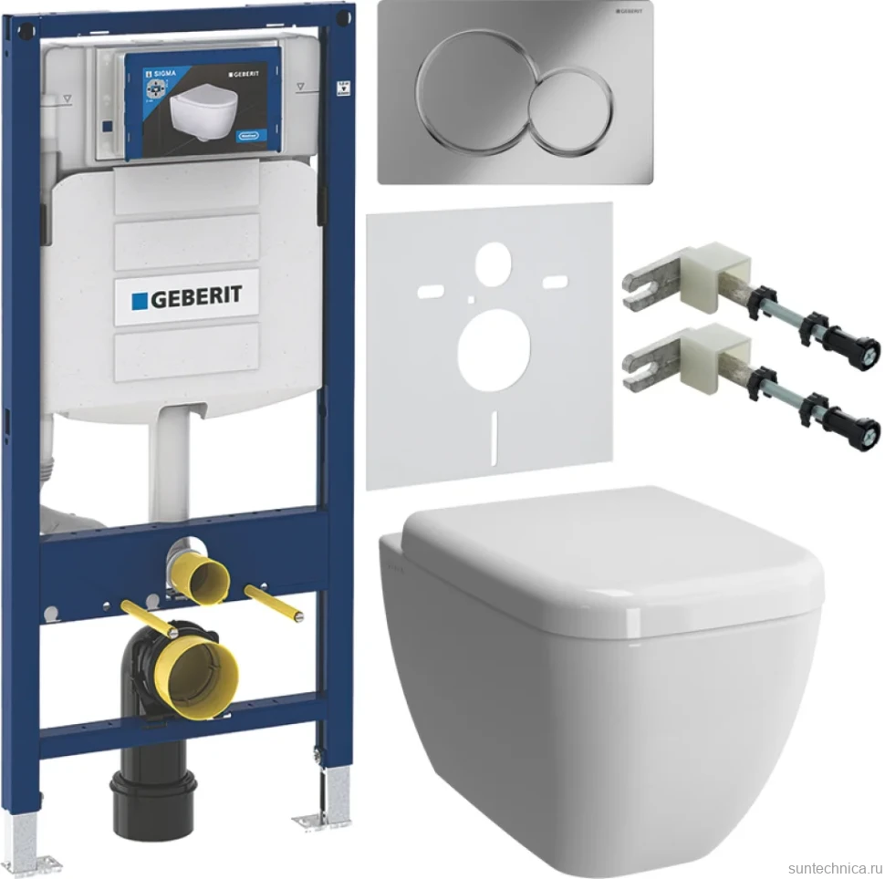 Комплект Унитаз подвесной VitrA Shift 7742B003-0075 белый глянцевый + Крышка 91-003-009 с микролифтом, петли хром + Крепления Geberit Duofix 111.815.00.1 к стене + Звукоизоляция + Инсталляция UP 320 111.300.00.5 + Кнопка Sigma 01 115.770.21.5 хром