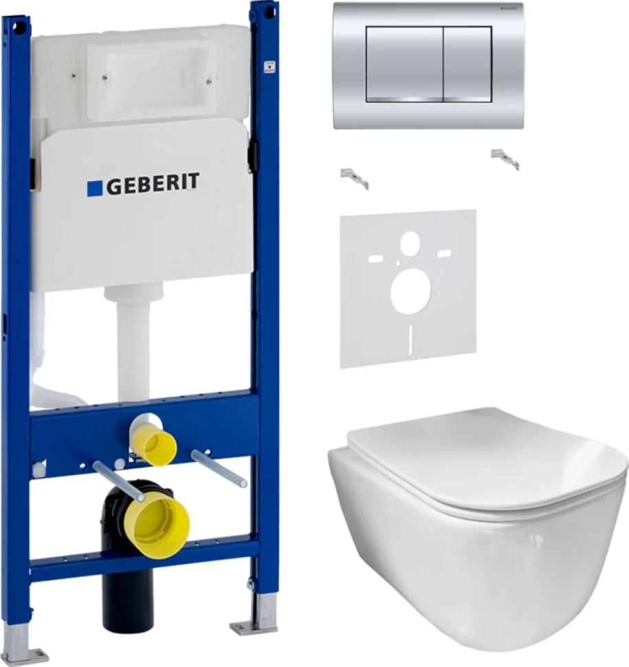 Комплект Унитаз подвесной Ceramicanova New Day CN3005 с микролифтом, безободковый + Звукоизоляция Geberit + Инсталляция Duofix Delta 458.163.21.1 с кнопкой смыва, хром