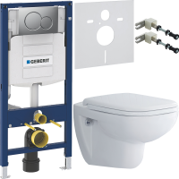 Комплект Унитаз подвесной Duravit D-code 45700900A1 безободковый + Крепления Geberit Duofix 111.815.00.1 к стене + Звукоизоляция + Инсталляция UP 320 111.300.00.5 + Кнопка Sigma 01 115.770.JQ.5 лакированная, матовый хром