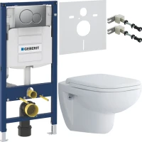 Комплект Унитаз подвесной Duravit D-code 45700900A1 безободковый + Крепления Geberit Duofix 111.815.00.1 к стене + Звукоизоляция + Инсталляция UP 320 111.300.00.5 + Кнопка Sigma 01 115.770.JQ.5 лакированная, матовый хром