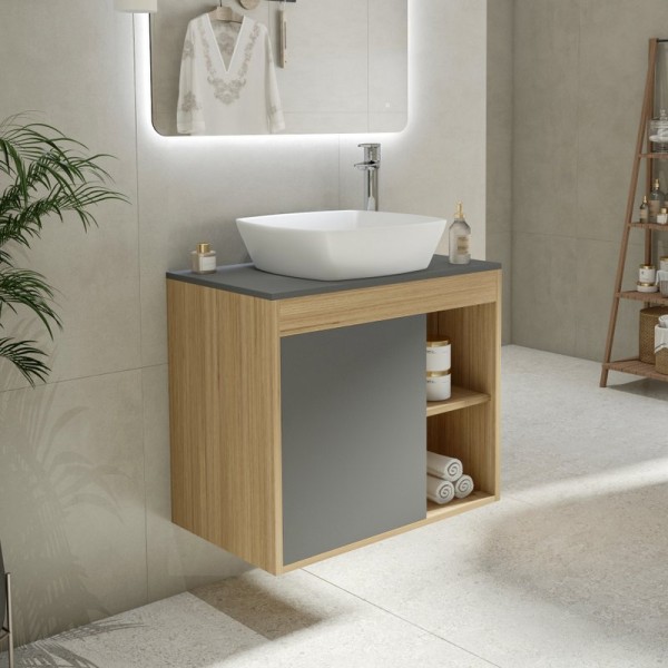 Тумба с раковиной Teymi Nura 70 дуб эврика, матовый графит, раковина Kati 43