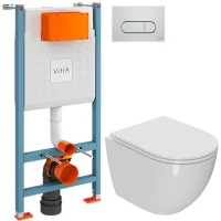 Комплект Унитаз подвесной Bauedge Bau Dream безободковый, с микролифтом, белый + Инсталляция VitrA V-Fix Core 732-5800-01 с кнопкой смыва Root R 740-2280 хром