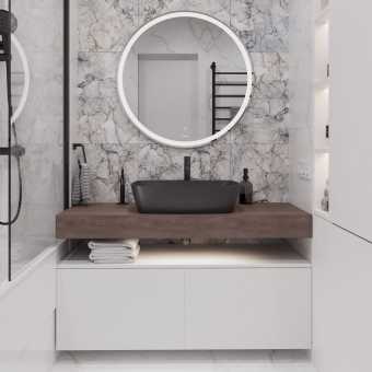 Мебель для ванной STWORKI Ольборг 120 столешница дуб карпентер, без отверстий, 2 тумбы 60, с раковиной Vitra Shift черной