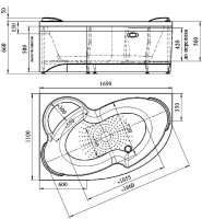 Акриловая ванна Radomir Ирма Стандарт 170x110 см, угловая, левая, пристенная, с гидромассажем, белая, асимметричная, с каркасом, с экраном, с сиденьем, со сливом-переливом
